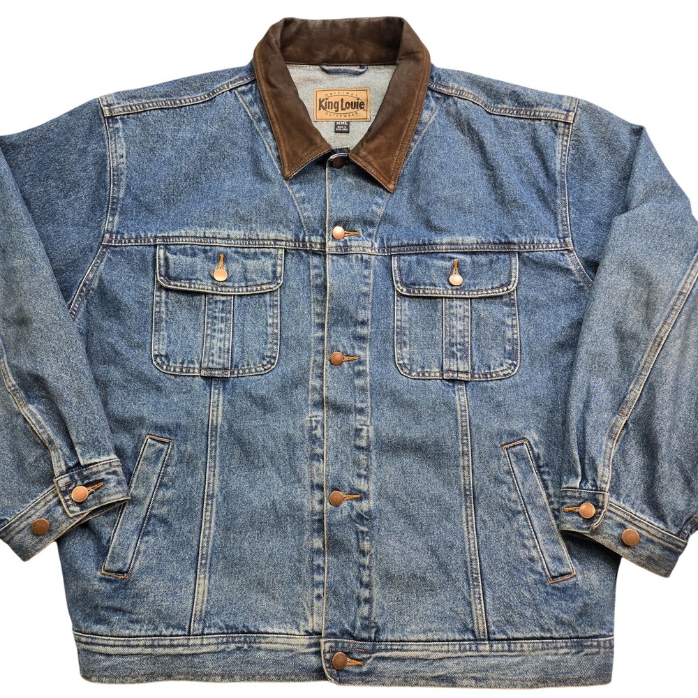 King Louie Jacket Mens 2XL Vintage Blue Bomber Denim Collared Snap Closure